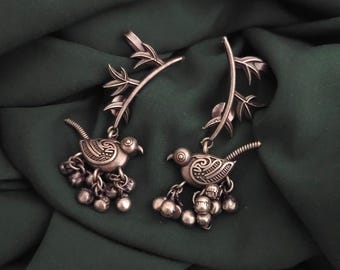 Ghungroo Oxidised Silver Chain Fusion Ear Cuff Earrings, Indian Ethnic Jewelry-Gift for Her