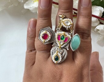 Pachi Kundan Silver Tone Fusion Flexible Ring, Indian Ethnic Jewelry-Delivery Duty Paid