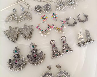 Silver Oxidised Stud Fusion Earrings Combo Set of 10, Indian Jewelry-Delivery Duty Paid