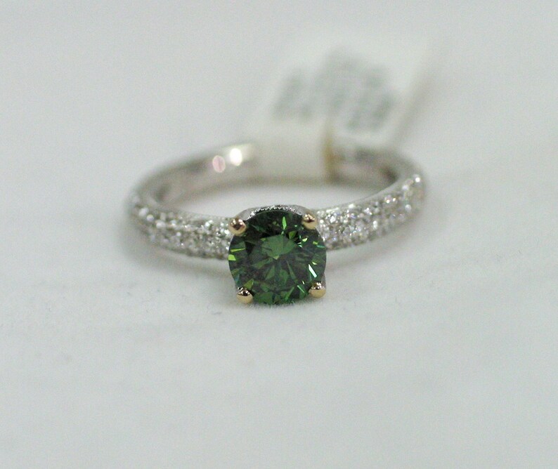 Green Diamond Engagement Ring Custom Designed Vintage Inspired 18K White Gold Ring Green Diamond