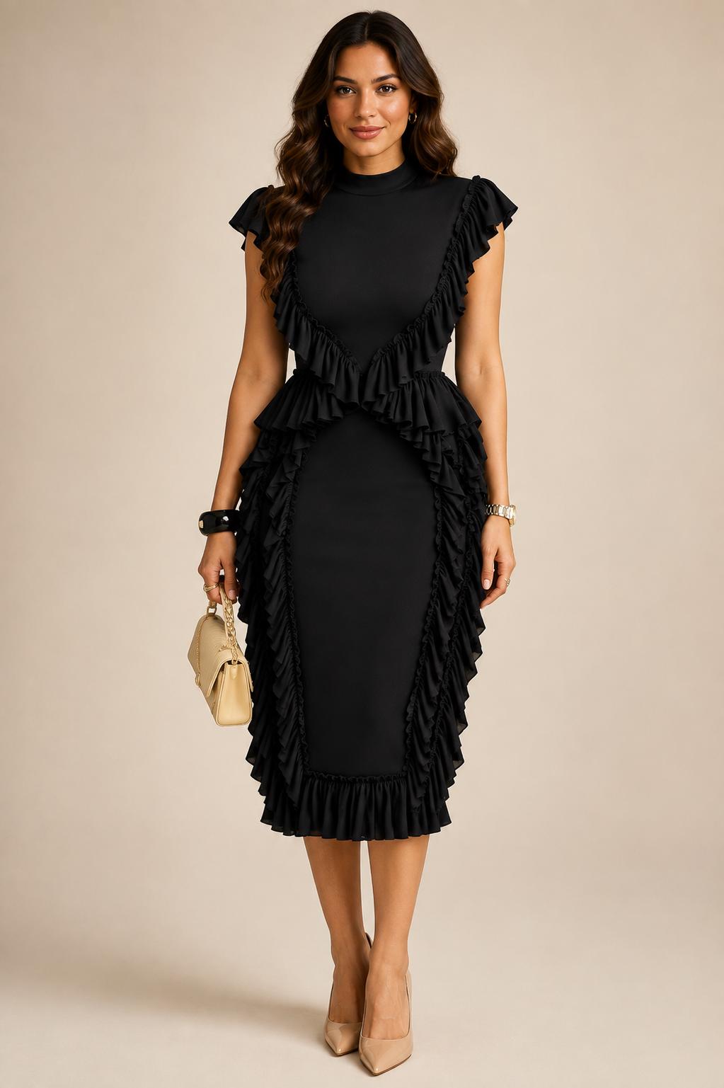 black ruffle cocktail dress Zayla Midi Dress - Formal Black Tie Size:Medium | Large shoulder mini dress in