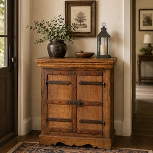 May include: A rustic wooden cabinet with two doors featuring dark metal hinges and a central latch. The cabinet top holds a dark ceramic vase with green foliage, a small wooden bowl, and a black metal lantern containing a white pillar candle.