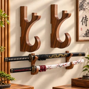 May include: Two dark brown wooden wall-mounted sword racks with curved supports. Below, two swords are displayed horizontally on a matching wooden rack. The top sword has a black scabbard with a gold dragon, and the bottom has a white scabbard.
