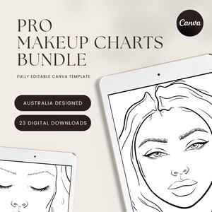 Pode incluir: Um pacote digital de gráficos de maquiagem profissional com modelos Canva editáveis. O texto diz PRO MAKEUP CHARTS BUNDLE, FULLY EDITABLE CANVA TEMPLATE, AUSTRALIA DESIGNED e 23 DIGITAL DOWNLOADS. Dois tablets exibem desenhos de rostos em preto e branco.