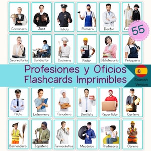 Puede incluir: Un conjunto de 55 tarjetas educativas tituladas Profesiones y Oficios Flashcards Imprimibles, que muestran imágenes individuales de diversas ocupaciones como camarero, juez, policía, plomero, médico, sastre, secretaria, conductor, cocinero, pintor, bibliotecario, peluquero, piloto, enfermero, panadero, dentista, repartidor, cartero, barrendero, zapatero, farmacéutico, mecánico, profesor y obrero.