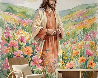 Watercolor Jesus in Wildflower Field Wall Art, Christian Home Decor, Modern Scripture Art (Wallpaper)