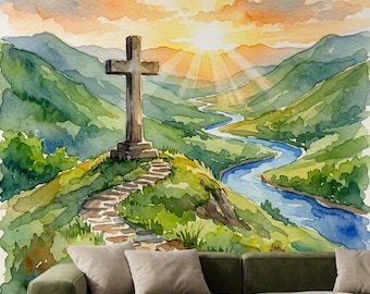 Watercolor Sunrise Cross Landscape Print, Christian Nature Wall Art, Christian Wallpaper