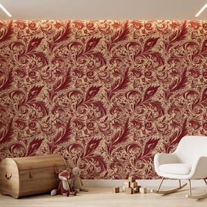 May include: Wallpaper featuring a repeating pattern of deep red, swirling, feather-like botanical motifs set against a light beige background. The design covers the entire wall surface, creating a dense, intricate, and continuous visual texture.