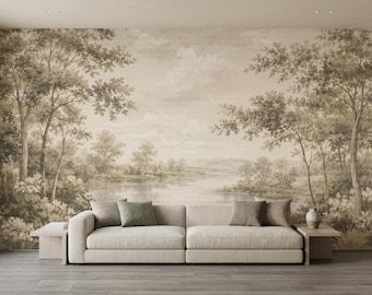 Vintage Landscape Beige Mural Wallpaper, Antique Pastoral Lake Scene Wall Decor, Romantic Nature Etching Mural, Grandmillennial Style