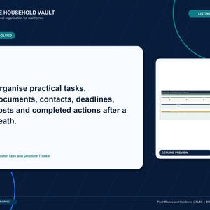 May include: A digital executor task and deadline tracker template on a dark blue background. The text reads: Organise practical tasks, documents, contacts, deadlines, costs and completed actions after a death. Includes a preview of the spreadsheet.