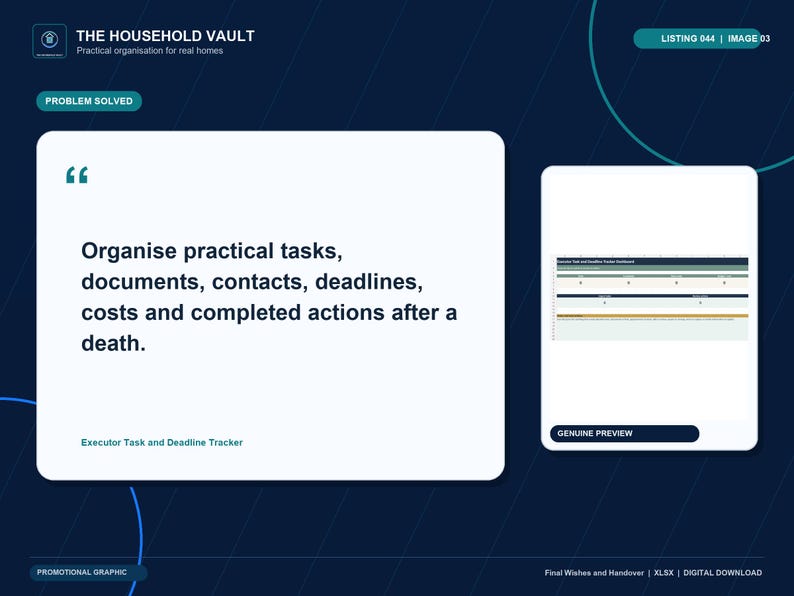May include: A digital executor task and deadline tracker template on a dark blue background. The text reads: Organise practical tasks, documents, contacts, deadlines, costs and completed actions after a death. Includes a preview of the spreadsheet.