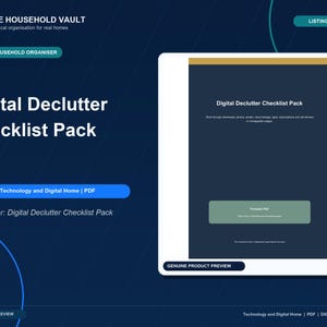 May include: A digital declutter checklist pack in PDF format. The document features a dark blue background with a gold header, white text reading Digital Declutter Checklist Pack, and a green button labeled Printable PDF. The layout includes sections for managing downloads, photos, emails, cloud storage, apps, and subscriptions.