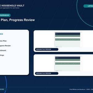 May include: A digital workbook display titled Action Plan, Progress Review. The layout includes a list of included items: Action Plan, Progress Review, Dashboard, and Settings. Two rectangular boxes show a genuine file preview of spreadsheet tabs.