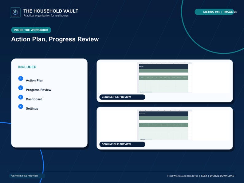 May include: A digital workbook display titled Action Plan, Progress Review. The layout includes a list of included items: Action Plan, Progress Review, Dashboard, and Settings. Two rectangular boxes show a genuine file preview of spreadsheet tabs.