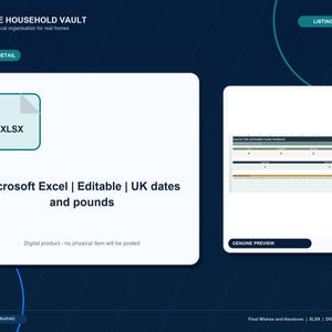 May include: A digital Microsoft Excel spreadsheet template featuring an XLSX file icon, editable fields, and UK date and currency formatting. The graphic includes a preview of an Executor Task and Deadline Tracker Dashboard with rows for data entry.