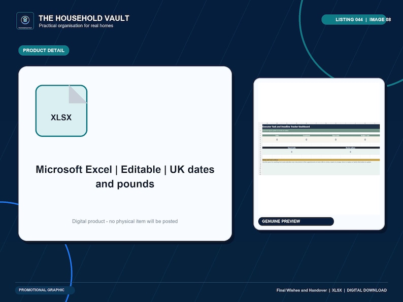 May include: A digital Microsoft Excel spreadsheet template featuring an XLSX file icon, editable fields, and UK date and currency formatting. The graphic includes a preview of an Executor Task and Deadline Tracker Dashboard with rows for data entry.