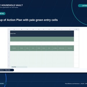May include: A digital spreadsheet template titled Action Plan featuring a dark blue header row, a sage green sub-header row, and a series of pale green data entry cells organized into columns labeled with task details, priority, and dates.