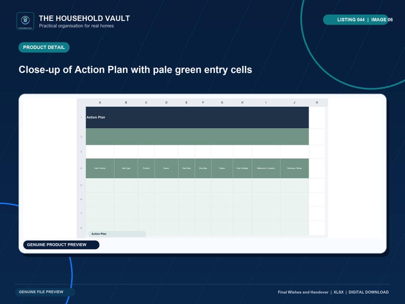 May include: A digital spreadsheet template titled Action Plan featuring a dark blue header row, a sage green sub-header row, and a series of pale green data entry cells organized into columns labeled with task details, priority, and dates.