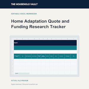 May include: An editable Excel workbook titled The Household Vault Home Adaptation Quote and Funding Research Tracker. The spreadsheet features a dark blue header, a teal row, and columns labeled Register, Adaptation/Funding Name, Type, Provider, and Notes.