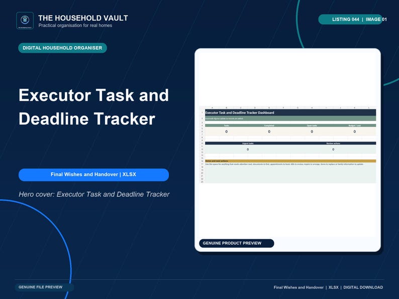 May include: A digital Executor Task and Deadline Tracker spreadsheet template on a dark blue background. The interface features a dashboard with sections for tasks, completion status, due dates, and budget, labeled with clear headers and text.