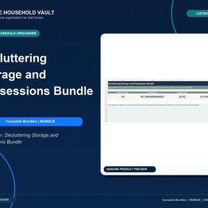 May include: A digital household organizer titled Decluttering Storage and Possessions Bundle. The graphic displays a spreadsheet preview with columns for product name, individual value, suggested price, and rating on a dark blue background.