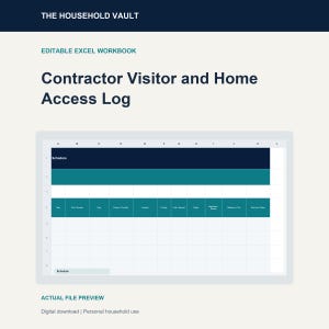 May include: An editable Excel workbook titled Contractor Visitor and Home Access Log. The document features a grid layout with columns for date, access type, reason, location, priority, task, status, and notes, presented in dark blue and teal.