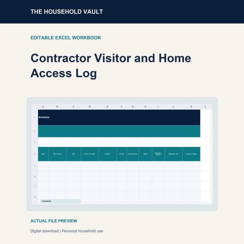 Contractor and Visitor Log Spreadsheet, Home Access Tracker, Excel ...
