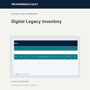 May include: An editable Excel workbook titled Digital Legacy Inventory from The Household Vault. The document features a spreadsheet interface with columns for digital item ID, category, location, date added, purchase details, condition, and notes.