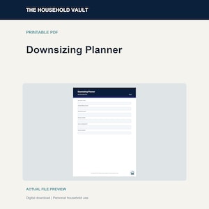 May include: A printable PDF Downsizing Planner document featuring a dark blue header with the text THE HOUSEHOLD VAULT. The page includes fields for New Home Plan, Available Measurements, Furniture, Storage, Items That May Not Fit, and a Deadline section.