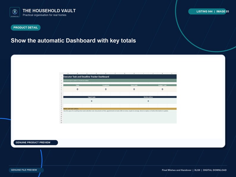 May include: A digital spreadsheet dashboard titled Executor Task and Deadline Tracker Dashboard. The layout features sections for tasks, completions, open tasks, budget cost, urgent tasks, review actions, and notes and next actions.