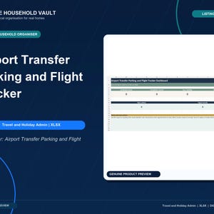 May include: A digital spreadsheet template titled Airport Transfer Parking and Flight Tracker. The interface features a dark blue background with white text, displaying a dashboard layout for travel administration in an XLSX file format.