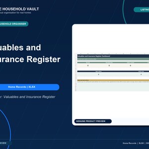 以下が含まれることがあります： Valuables and Insurance Registerというタイトルのデジタル家庭用オーガナイザー。インターフェースには、記録、記録された価値、所有アイテム、紛失または損傷した商品、および資産と負債のセクションを表示するダッシュボードが含まれています。