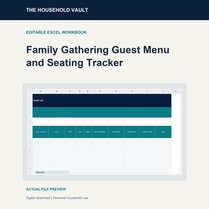 Gastenlijst, menu en tafelindeling voor familiebijeenkomsten, Excel-spreadsheet