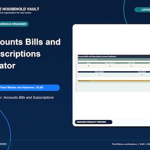 May include: A digital spreadsheet template titled Accounts Bills and Subscriptions Locator on a dark blue background. The interface features a dashboard with sections for accounts, bills, and subscriptions, including fields for data entry and status tracking.