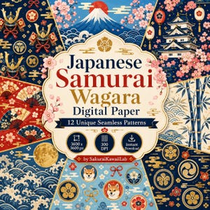 Op de afbeelding: Een digitale papiercollectie met 12 naadloze patronen, waaronder de berg Fuji, samoeraihelmen, kersenbloesems, pagodes, bamboe, golven en Shiba Inu-honden. Het centrale label bevat de tekst Japanese Samurai Wagara Digital Paper.