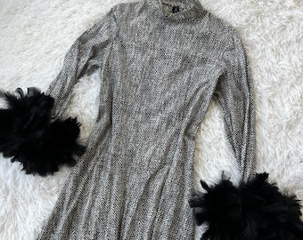 Vintage Handmade Feather Dress Women's Black and Grey Dress
