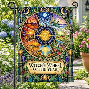 Wheel of the Year Garden Flag, Pagan Wiccan 8 Sabbats Outdoor Decor, Witchy Sun Moon Yard Flag, Celtic Seasonal Banner