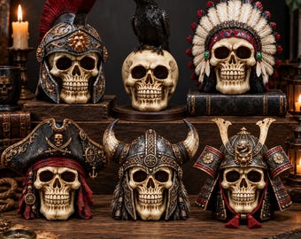 Skull Halloween Decor, Wooden Warrior Skull Block, Gothic Shelf Sitter, Viking Pirate Samurai Skull, Dark Halloween Tabletop Gift