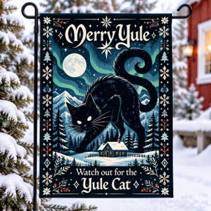 Yule Cat Garden Flag, Icelandic Christmas Folklore, Merry Yule Black Cat, Gothic Christmas Yard Decor, Winter Solstice Flag