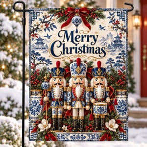 Nutcracker Christmas Garden Flag, Blue White Chinoiserie Holiday Yard Decor, Merry Christmas Porch Flag, Grandmillennial Toile Banner