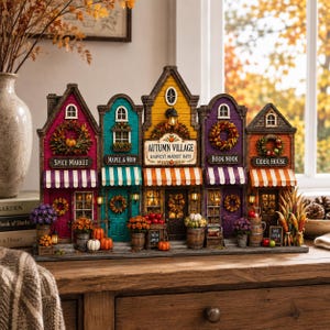 May include: A decorative miniature autumn village display featuring five colorful storefronts labeled Spice Market, Maple & Mum, Autumn Village Harvest Market Days, Book Nook, and Cider House, adorned with pumpkins, wreaths, and striped awnings.