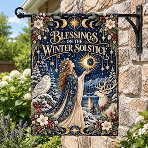 Winter Solstice Garden Flag, Yule Blessings Celestial Goddess, Pagan Christmas Decor, Witchy Winter Yard Flag, Snowy Owl Deer