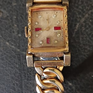 Vintage Mens 1940s Tank Watch 10k RGP Ruby Diamond Dial