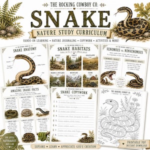 Peut inclure: Un ensemble de programme d'étude sur la nature des serpents comprenant des pages éducatives avec des illustrations de serpents, des schémas anatomiques, des descriptions d'habitats, des faits, des exercices de copie et une page de coloriage.