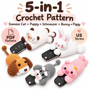 Puede incluir: Un patrón de ganchillo 5 en 1 en PDF con cinco fundas para llaves con forma de animal: gato siamés, cachorro, schnauzer, conejo y cerdito. Cada animal tejido está diseñado para sostener un mando de coche, con texto de términos en EE. UU.
