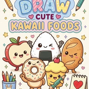 May include: A book cover titled LEARN TO DRAW CUTE KAWAII FOODS with STEP-BY-STEP DRAWING FOR KIDS at the bottom. The illustration features anthropomorphic food characters including an apple, onigiri, donut, cupcake, and bread, surrounded by pencils and stars.