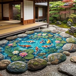 May include: An oval rug featuring a vibrant koi pond design with orange, white, and black koi fish swimming among green lily pads and pink and white water lilies, all surrounded by a border of realistic gray and brown river stones.