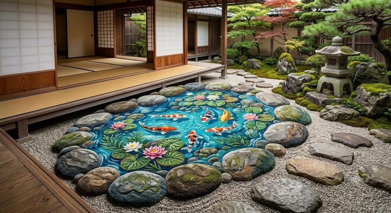 May include: An oval rug featuring a vibrant koi pond design with orange, white, and black koi fish swimming among green lily pads and pink and white water lilies, all surrounded by a border of realistic gray and brown river stones.
