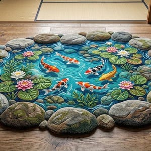May include: An oval rug featuring a realistic pond scene with blue water, several koi fish in orange, white, and black, green lily pads, and pink and white lotus flowers. The rug is bordered by a series of textured, grey, moss-covered stones.