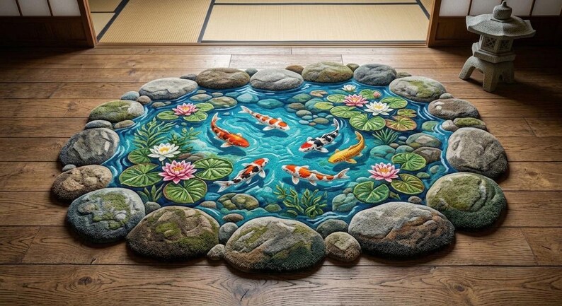 May include: An oval rug featuring a realistic pond scene with blue water, several koi fish in orange, white, and black, green lily pads, and pink and white lotus flowers. The rug is bordered by a series of textured, grey, moss-covered stones.